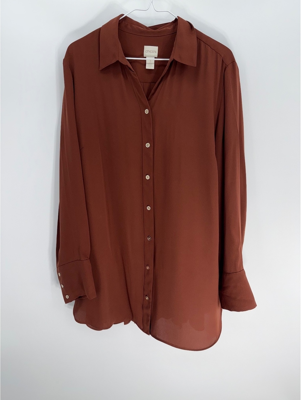 Chico's Brown Long Sleeve Button-Up Blouse with Pleated Back Detail Size 3